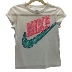 Nike T-Shirt White With Bright Pink Nike And Green Swoosh Logo Girls Size 6 EUC